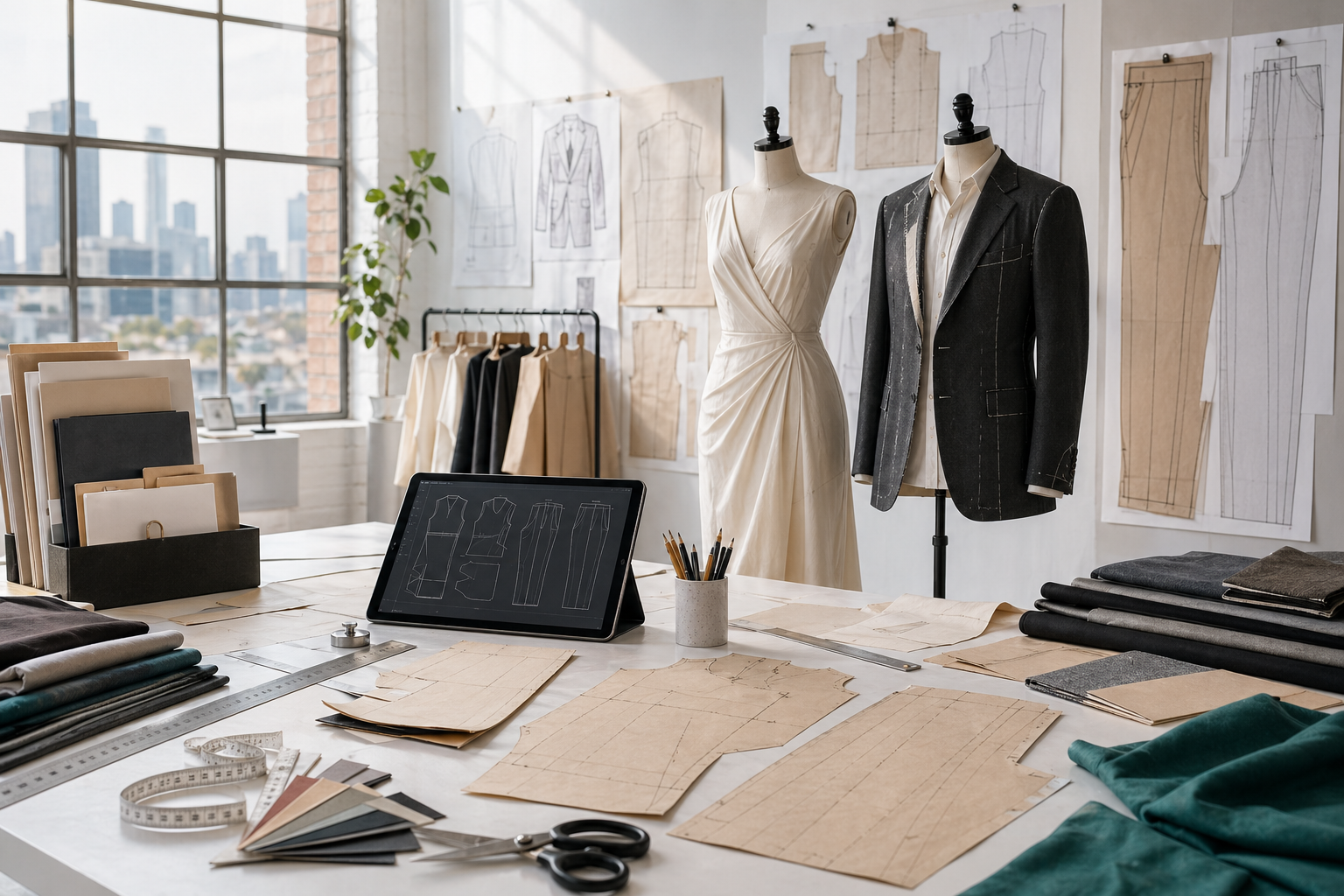 Pattern making services studio for womenswear and menswear patterns with CAD pattern software, paper pattern pieces, fabric swatches, rulers, and production folders on a cutting table